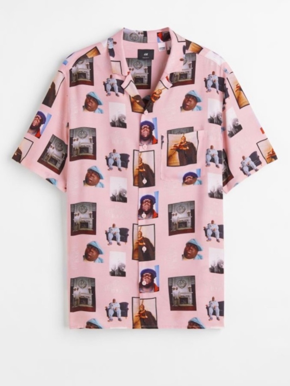 H&M men’s notorious B.I.G. Biggie smalls pink button down short sleeve shirt